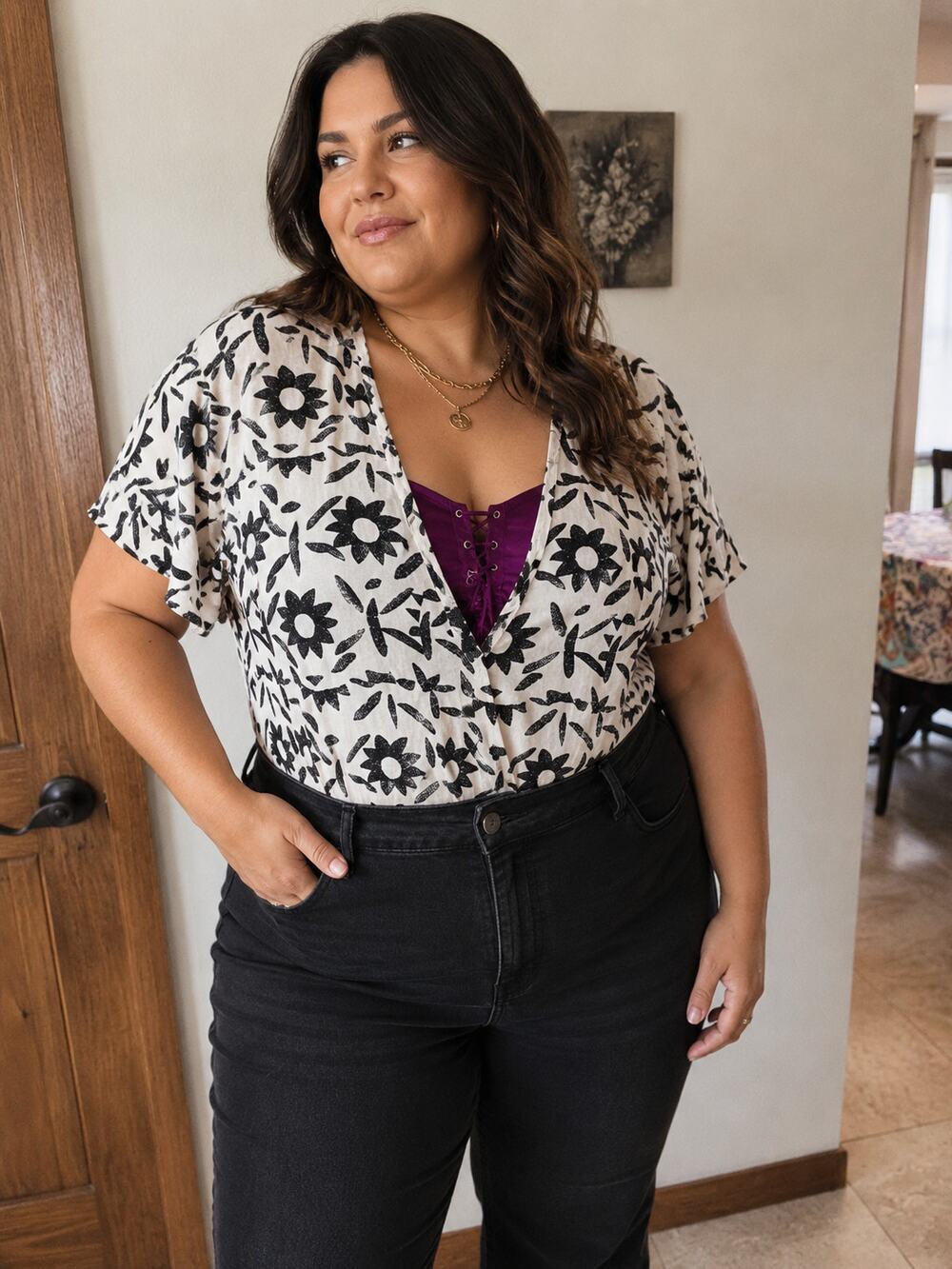 Jones & Co Black White Floral Print Blouse 2X Plus Size Boho button down